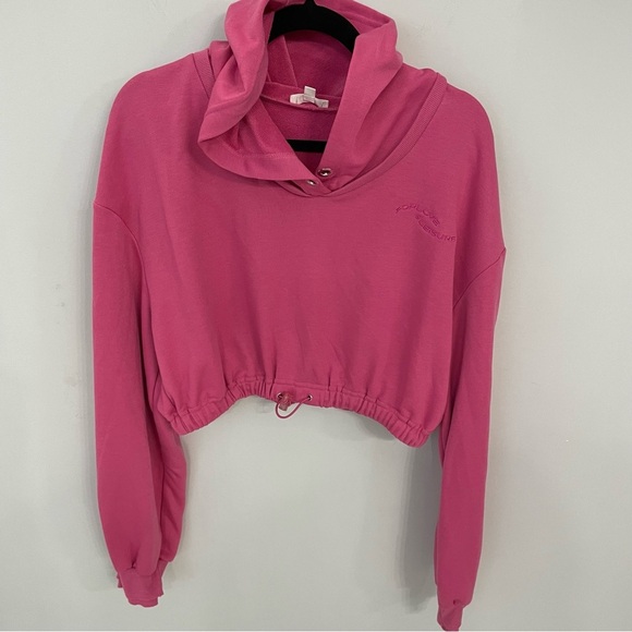For Love & Lemons Ellie Cropped Sweatshirt Pink Hooded Long Sleeve Size Large 8 - Picture 3 of 13